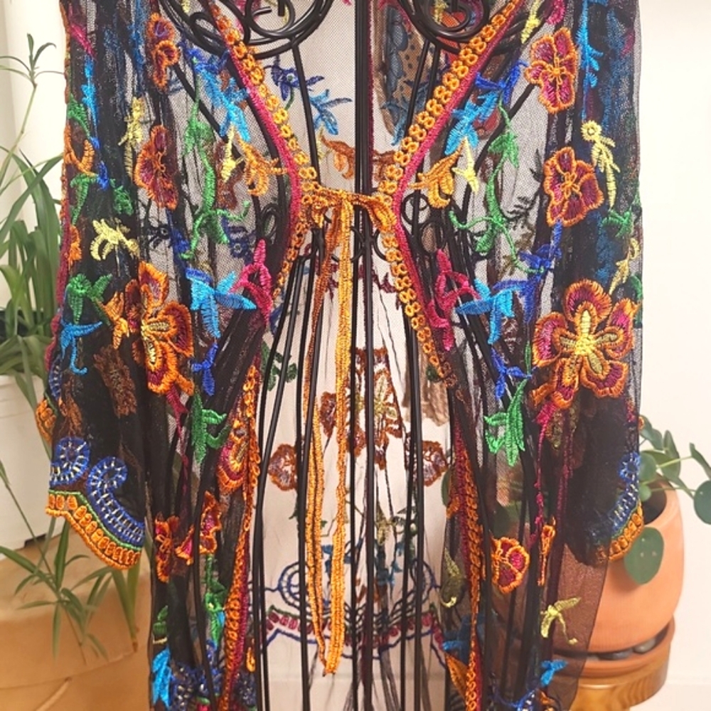 Pink and Black Kimono Swim Coverup with Dramatic Sleeves - Picture 4 of 15